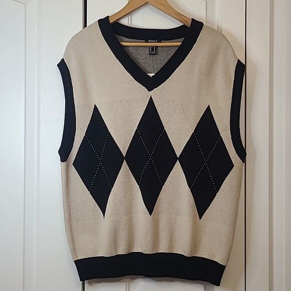 Forever 21 Taupe & Black Argyle Preppy Cotton Sweater Vest Size M - Picture 2 of 14